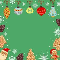 Green background with snowflakes, gingerbreads, baubles and cone. Festive Xmas design. Empty space for your text. Template for cards, banner, poster. vector