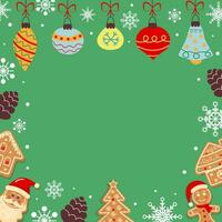 Green background with snowflakes, gingerbreads, baubles and cone. Festive Xmas design. Empty space for your text. Template for cards, banner, poster. vector