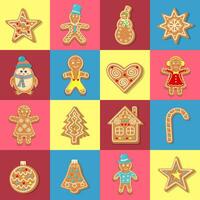 Seamless square pattern with Christmas gingerbread cookies. Geometric checkered print for wrapping paper, background, wallpaper, posters. vector