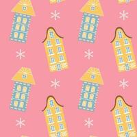 escandinavo casas y copos de nieve rosado sin costura modelo. Perfecto para tarjetas, invitaciones, fondo de pantalla, pancartas, jardín de infancia, bebé ducha, niños habitación decoración. vector