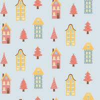 Scandinavian houses and pink Christmas trees seamless pattern. Perfect for cards, invitations, wallpaper, banners, kindergarten, baby shower, children room decoration. vector