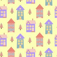 Scandinavian houses and pink Christmas trees seamless pattern. Perfect for cards, invitations, wallpaper, banners, kindergarten, baby shower, children room decoration. vector