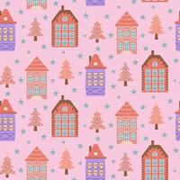 Scandinavian houses, pink Christmas trees and stars seamless pattern. Perfect for cards, invitations, wallpaper, banners, kindergarten, baby shower, children room decoration. vector