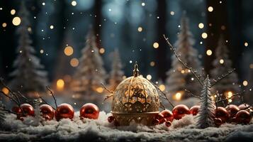 Winter seasonal Merry Christmas and happy new year background wallpaper, template, banner, poster, holiday design, beautiful christmas ball sphere Christmas tree ornament. AI Generated. photo