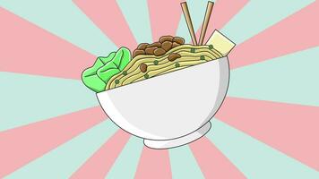 Animated icon of a bowl of chicken noodles with a rotating background video