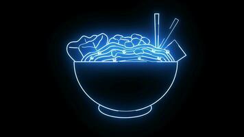 animated video of a bowl of chicken noodle icon with a glowing neon effect