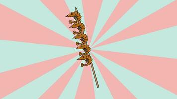 Animated shrimp satay icon with a rotating background video