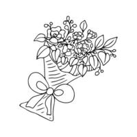 Hand drawn bouquet of flowers with leaves on stems and berries in wrapping paper with a bow and ribbons. Doodle Love symbols holiday clipart for card, logo, design. Isolated on white background. vector