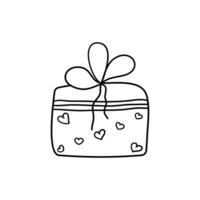 Hand drawn simple gift box with ribbon and heart shape pattern. Doodle Love symbols holiday clipart for card, logo, design. Valentine's Day concept. Isolated on white background vector