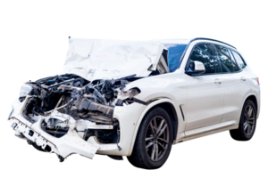 Full body front and side view of white car get damaged by accident on the road. damaged cars after collision. Isolated on transparent background, car crash broken png