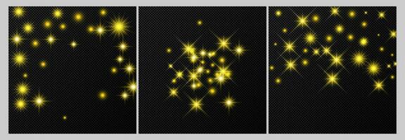 Set of three gold backdrops with stars and dust sparkles isolated on dark background. Celebratory magical Christmas shining light effect. Vector illustration.