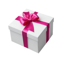 White gift box isolated with pink ribbon bow on transparent background, Generative Ai png