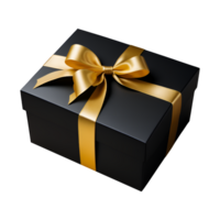 schwarz Geschenk Box isoliert mit golden Band Bogen, generativ ai png