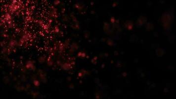 Blurred red abstract background of bokeh and small round particles of energy magical holiday flying dots on a black background video