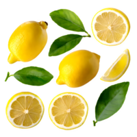 set fresh lemon fruit with leaves on isolated transparent background png