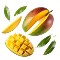Set mango fruit and sliced with leaves png on isolated transparent background