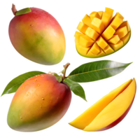 Set mango fruit and sliced with leaves png on isolated transparent background