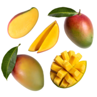 einstellen Mango Obst und geschnitten mit Blätter png auf isoliert transparent Hintergrund