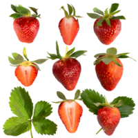 set fresh strawberries fuit with leaves on isolated transparent background png