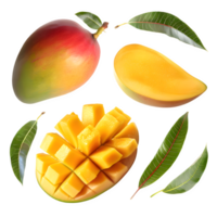 conjunto mango Fruta y rebanado con hojas png en aislado transparente antecedentes