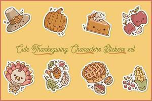 Cute Thanksgiving Characters Stickers Set Hat Pumpkin Turkey vector