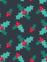 Red berries holly leaves on a dark blue background in flat style. Christmas winter seamless pattern for paper, fabric, decoration vector