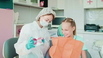 stomatologist teaching teen girl how to brush teeth, demonstrating on jaw model in dental office video