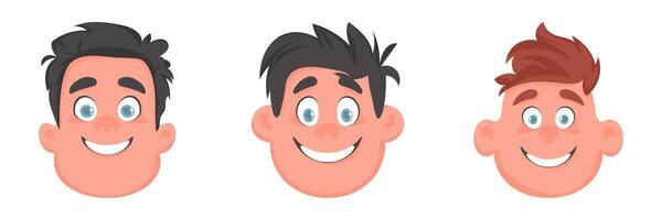 Set of faces of fat, cute and cheerful guys and men. Cartoon style vector