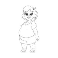 Black and white line art, Fat woman posing and smiling. Cute overweight girl, body positivity theme. Coloring style vector