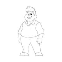 Black and white line art, Fat man posing and smiling. Overweight guy is cute, body positivity theme. Coloring style vector