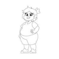 Black and white line art, Fat woman posing and smiling. Cute overweight girl, body positivity theme. Coloring style vector