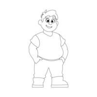 Black and white line art, Fat man posing and smiling. Overweight guy is cute, body positivity theme. Coloring style vector