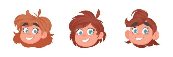 Set of faces of cute and cheerful girls. Cartoon style vector