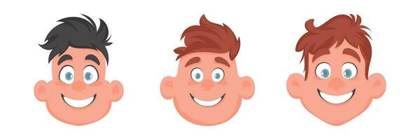 Set of faces of fat, cute and cheerful guys and men. Cartoon style vector