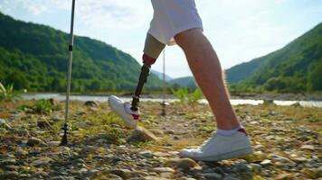 disabled man is using modern prosthetic leg for living a full life and travelling video