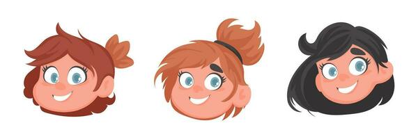 Set of faces of cute and cheerful girls. Cartoon style vector