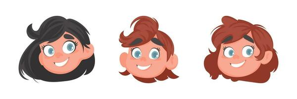 Set of faces of cute and cheerful girls. Cartoon style vector