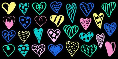 Hearts graffiti. Vector illustration. Set of multicolored silhouettes of hearts with different patterns. Hand drawn doodle style.