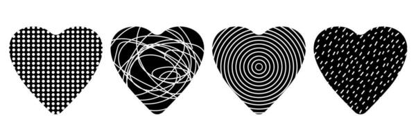 Set of hearts with abstract elements. Vector illustration geometric shapes. Black and white silhouettes of signs of hearts with different pattern into. Symbols of weird, negative, crazy love.