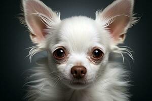 AI generated Portrait of a white chihuahua on a dark neutral background, cropped photo, studio light. Ai art photo