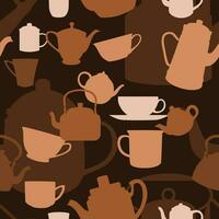 Editable Vector of Flat Monochrome Style Traditional Coffee or Tea Cups and Pots Illustration Icons Seamless Pattern With Dark Background for Decorative Element of Beverage Related Design