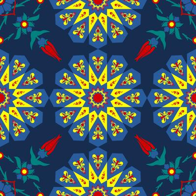 Editable Vector of Turkish Tulip Flower Illustration Seamless Pattern With Dark Background for Decorative Element of Ottoman Culture and Tradition Related Design Project