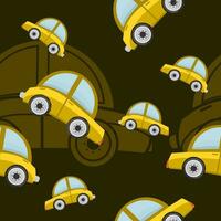 Editable Cartoon Style Yellow Classic Cars Vector Illustration Seamless Pattern With Dark Background for Vintage Transportation or Children Related Design