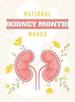 National Kidney month vector illustration in flat cartoon style. Healthy human kidney on floral background. Perfect for banner, poster, card, flyer and so on