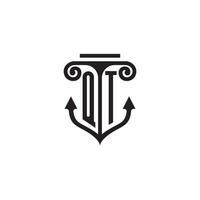 QT pillar and anchor ocean initial logo concept vector