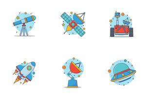 Set of Space object, rocket, satellite, mars robot, telescope, ufo, transmission cute design illustration with star ornament orbit, children friendly, cartoon style design, isolated white background. vector