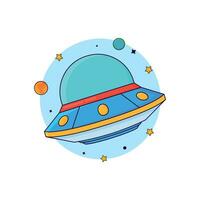 Alien plane spaceship or UFO space cute design illustration with star ornament orbit, happy vibes, children friendly, cartoon style design, isolated white background. vector