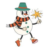 Cute snowman in groovy 70s  style. Trendy retro style for Christmas design. Vector illustration.