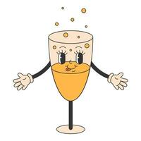 Cute a glass of champagne with bubbles in groovy 70s  style. Trendy retro style for Christmas design. Vector illustration.