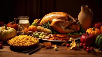 Thanksgiving and the Harvest Feast day, a day of giving thanks for the blessings of the harvest and of the preceding year. A table full of food, vegetable and fruit. AI Generated. photo